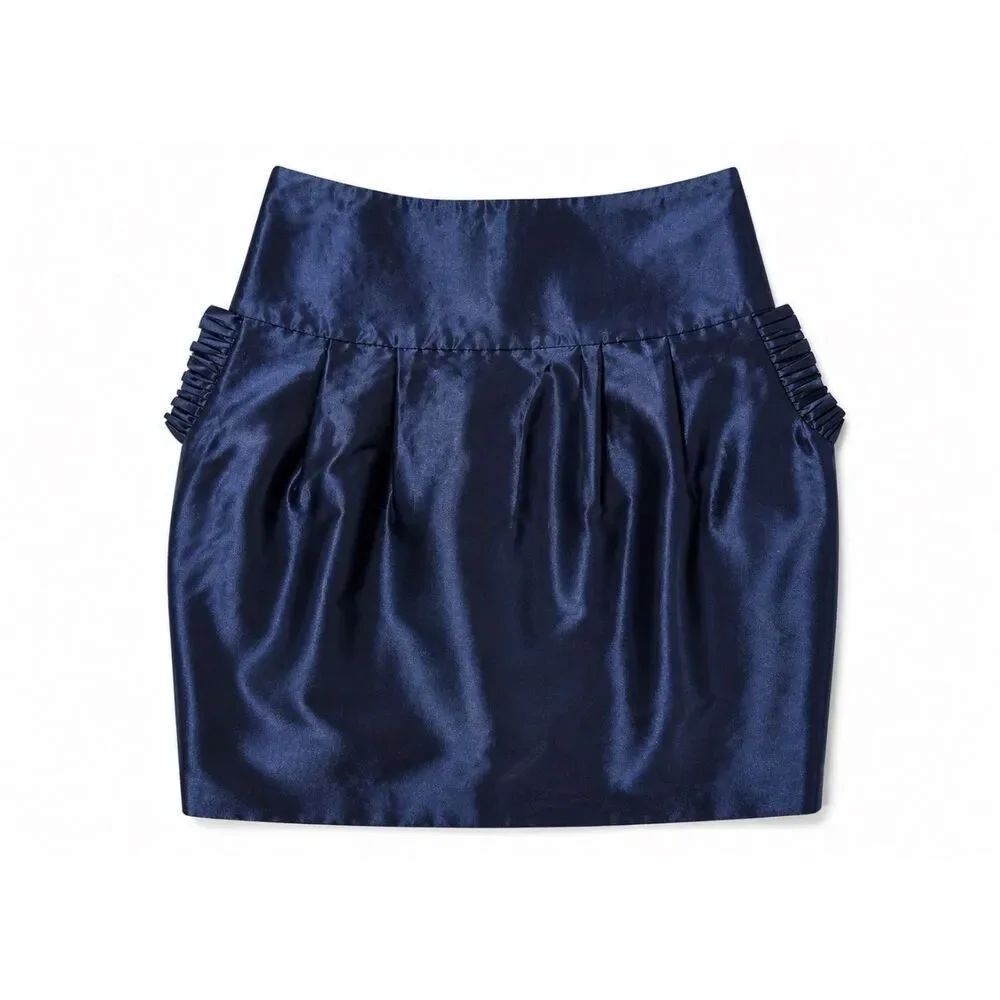 Sara Berman Navy Satin Mini Skirt Pleated High Waist Ruffle Detail Dressy SZ XS